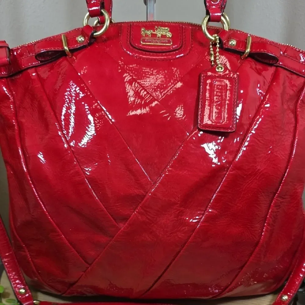 Coach Madison Diagonal Pleated Patent Leather Tote